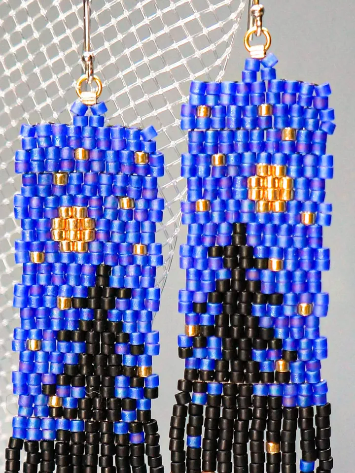 Trees-Patterned blue sky at night Japanese Bead and sterling Silver Earrings A Fusion of Elegance and Nature