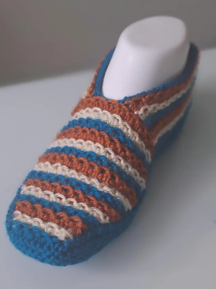 Blue Tan and White Color Wool Slippers - Handmade Cozy House Shoes