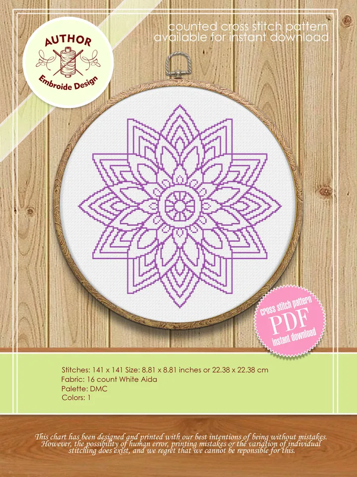 Mandala cross stitch pattern download PDF Monochrome mandala pattern digital PDF Quick cross stitch chart Floral ornament cross stitch #M61