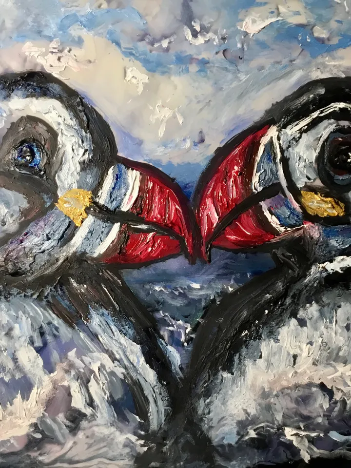 2 puffins original mix media oil painting on glass,stained glass panel,painting on glass,puffins in love,sea painting glass art,love gift.