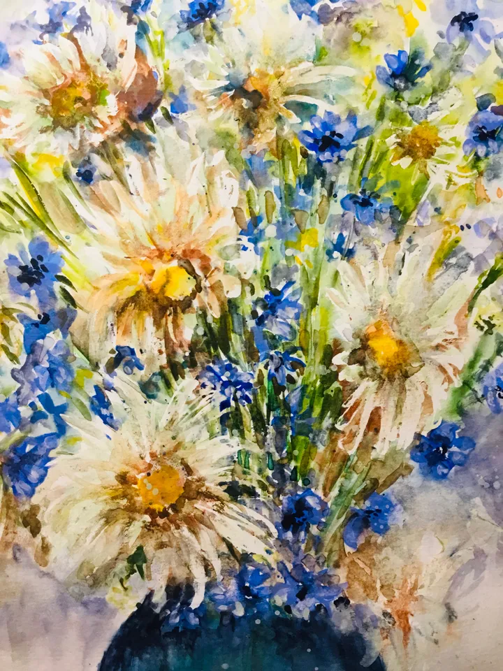 Daisies and Wild Flowers in a vase,flowers painting,original watercolor field flowers painting ,floral wall art,home decoration,gift.