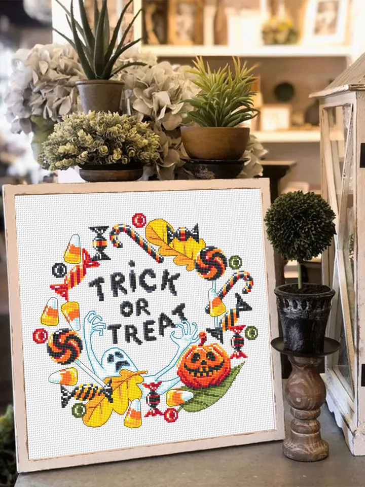 Trick or treat cross stitch pattern download PDF Halloween wreath cross stitch chart, Halloween pattern digital PDF, Candy cross stitch #H49