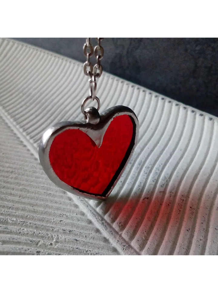 Red heart glass necklace, Love pendant, st Valentine scarlet heart necklace, kawaii pendant