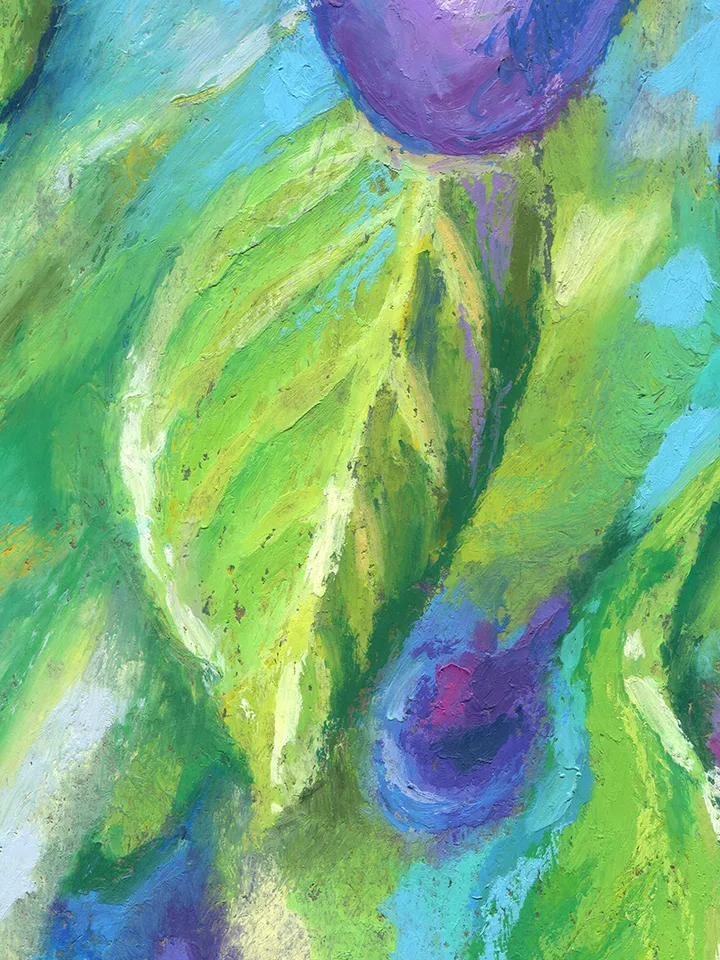 Plums Fruit on a branch Oil pastel drawing on kraft paper.
