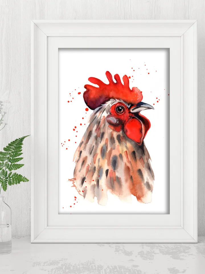 Rooster Original watercolor, farm bird painting, wall decor, 8x11 in handmade art by Anne Gorywine