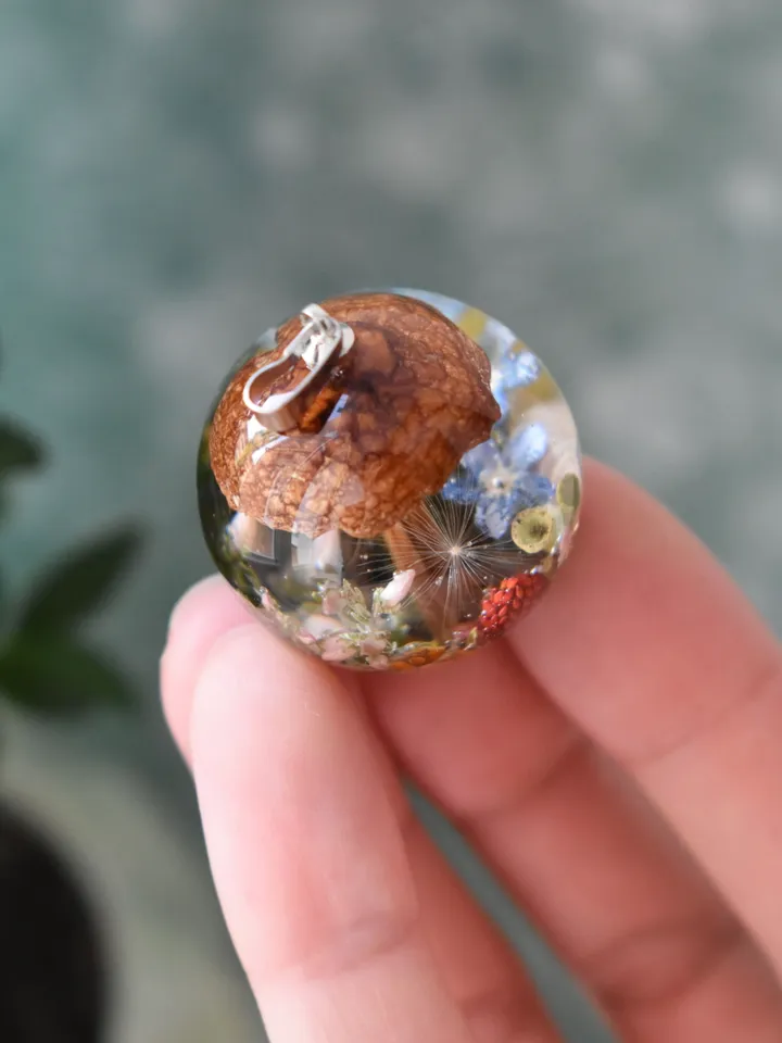 Mushroom necklace. Real Mushrooms pendant. Necklace with a forest composition. Moss, forget-me-not and snail in resin.