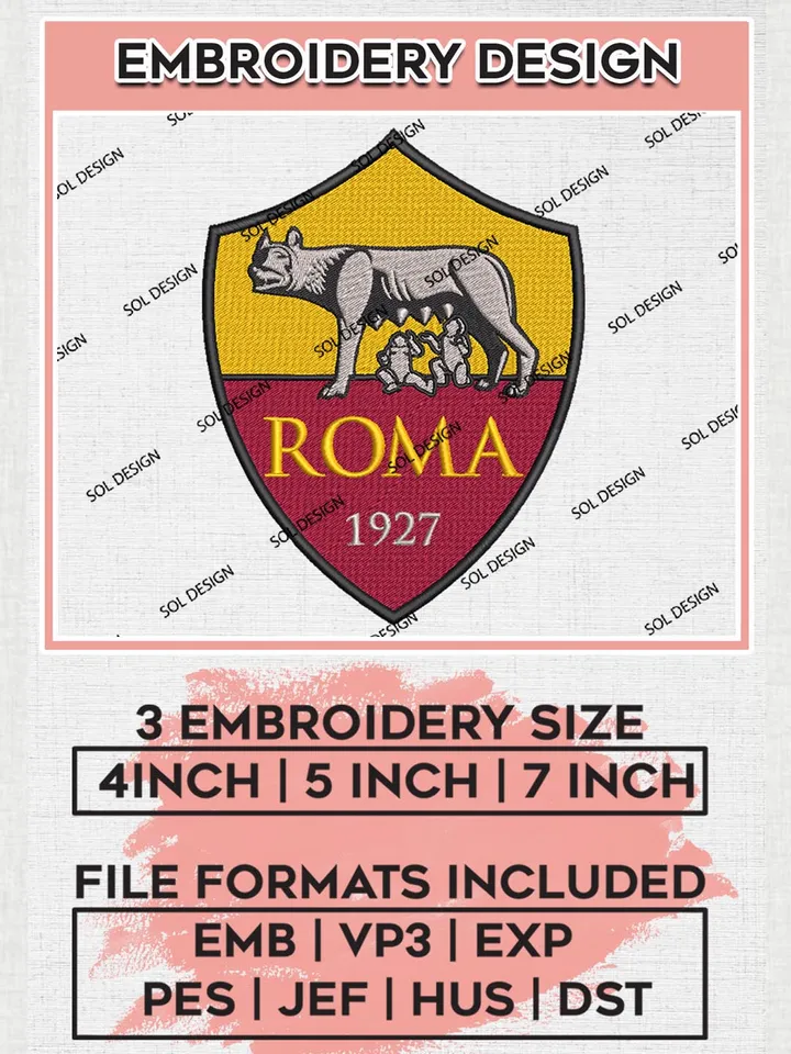 AS Roma Logo Embroidery Design, Serie A Embroidery files, Serie A AS Roma Teams, Football, Digital Download
