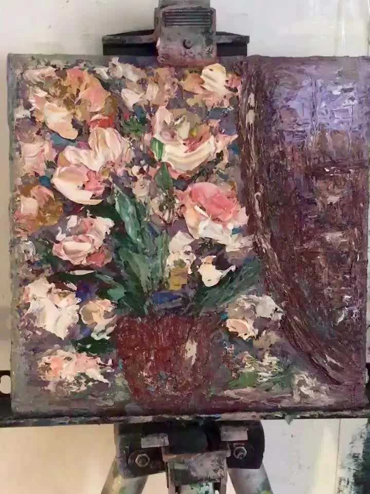 Abstract azaleas in a vase with near a window,original oil painting on small canvas,flowers heavy impasto painting,unique gift,home decor.