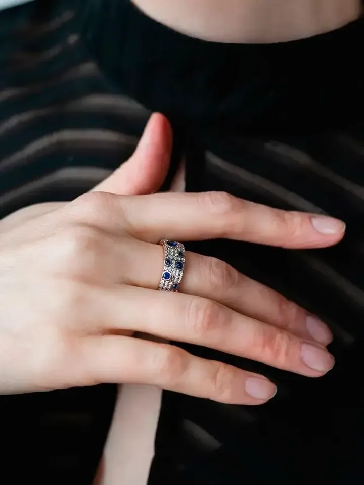 Women's ring silver 925, gold plated with cubic zirconia and sapphire