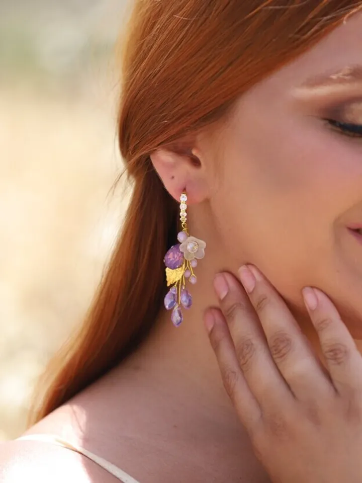 Gold Purple Opal Boho Wedding Earrings, Swarovski Crystal Leaf Bridal Earrings, Floral Statement Wedding Jewelry, Flower Boho Bridal Earring