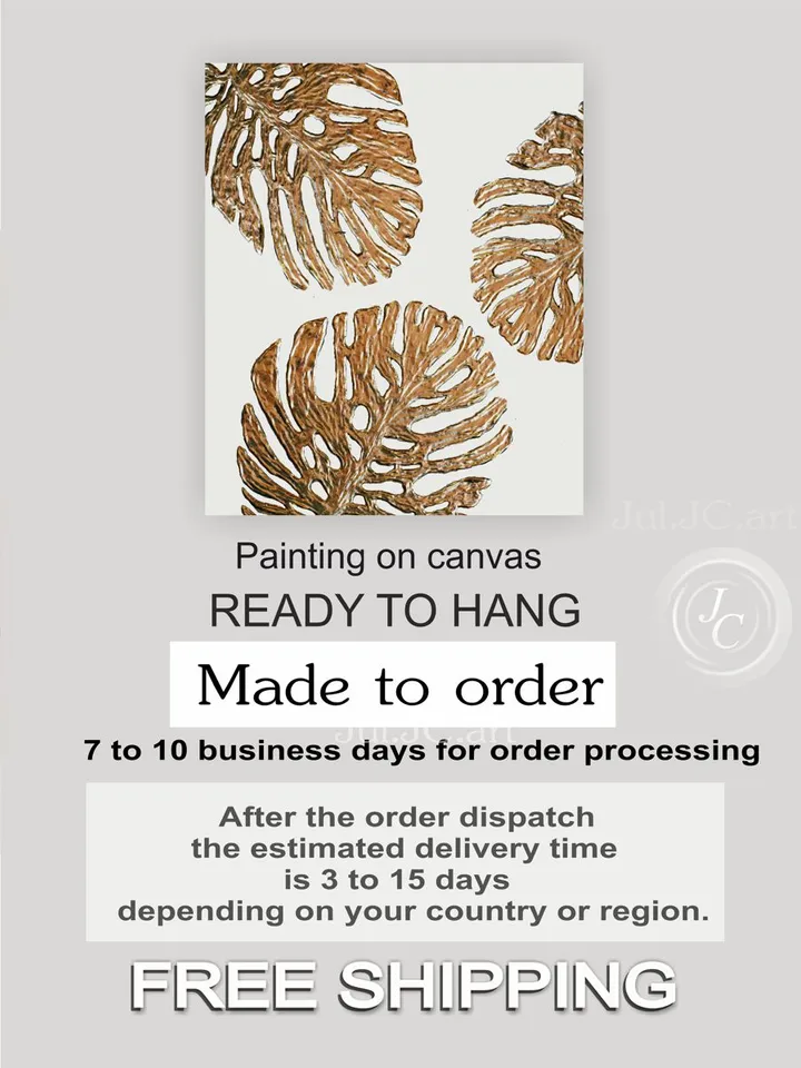 Gold Monstera leaves Painting White and Gold Abstract Wall Art | Botanical Original Art Modern artwork