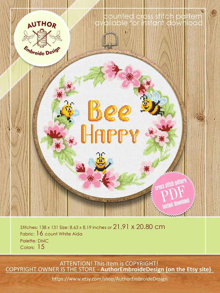Honey bee cross stitch pattern download PDF, Bee Happy cross stitch Floral wreath cross stitch chart Framed quote embroidery, Bee decor #Q48