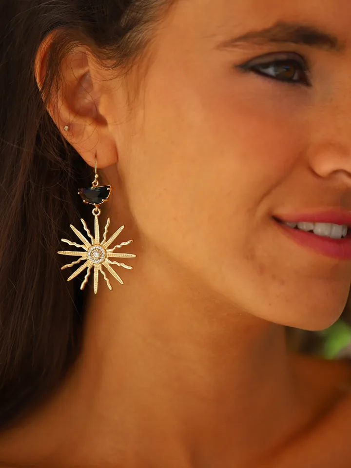 Art Deco Wedding Earrings, Gold Black Boho Bridal Earrings, Sun Celestial Statement Wedding Earrings For Bride, Star Bridal Earrings Jewelry