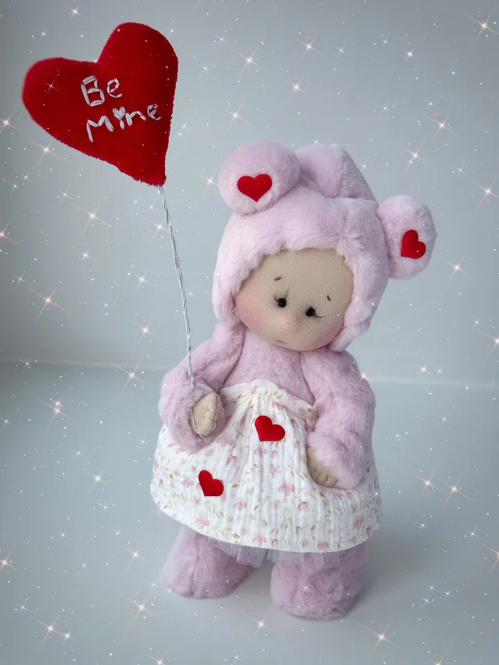 Memory bear doll. Handmade Valentine doll. Soft plush doll with heart. Gift for her.