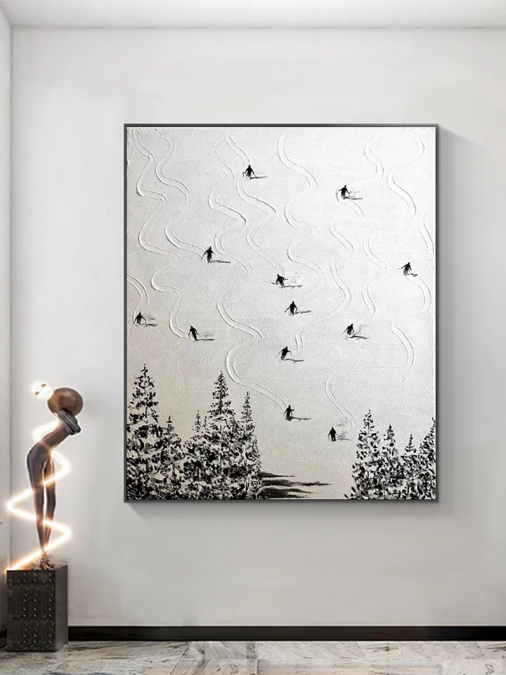 Original Ski Sport Painting on Canvas, Winter Decor, Texture Wall Art, Personalized Gift, Skier on Snowy Mountain Art, White Snow Skiing Art