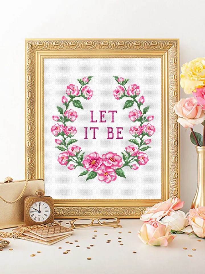 Framed quote cross stitch pattern Let it be download PDF Flower wreath cross stitch chart, Funny cross stitch Home decor, Flower sakura #Q29