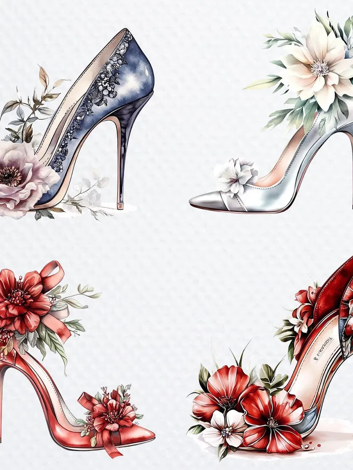 12 Floral Prom Shoes PNG Bundle, Printable Watercolor sublimation, High Quality PNGs, Digital download, Paper crafts, junk journals