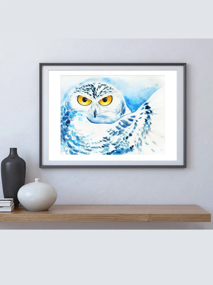 White Owl Art Print, Printable Download, Blue Watercolor Print, Wild Animal, Wall Decor, Prints Wall Art, Forest Nature Eco