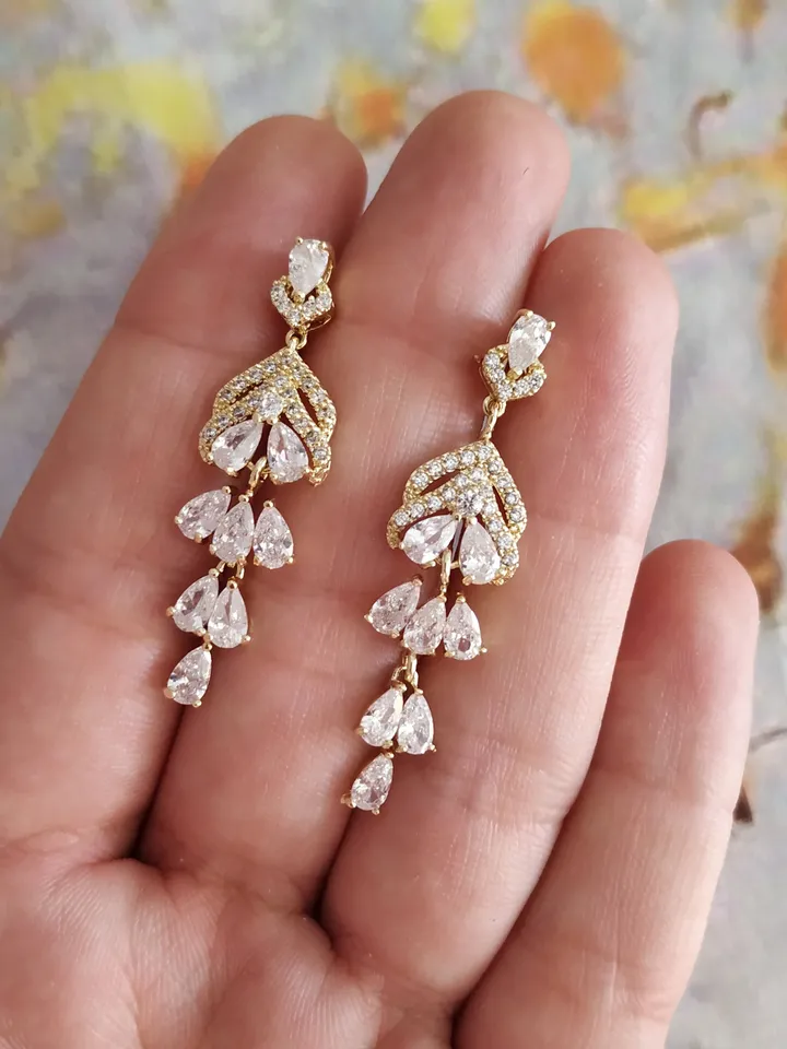 Diamond Gold Wedding Earrings, Vintage Style Bridal Earrings, Teardrop Dangle Stud Zircon Wedding Earrings Art Deco Rose Gold Bridal Jewelry