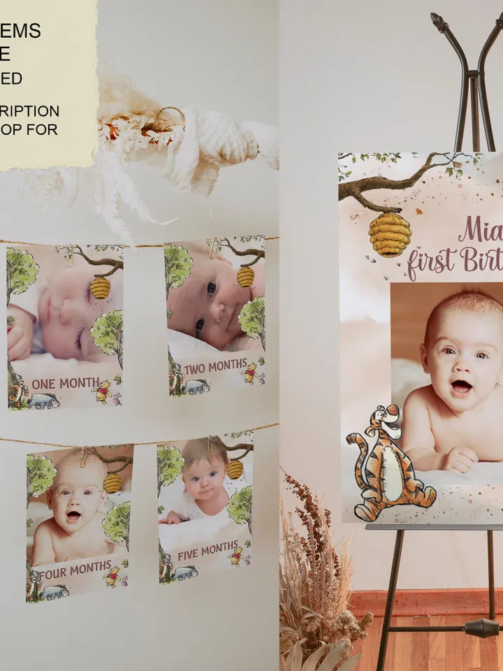 Editable Photo Banner one year garland Winnie the Pooh First Birthday Photo Banner Garland; Hundred Acre Wood Party; Instant Download; wp6