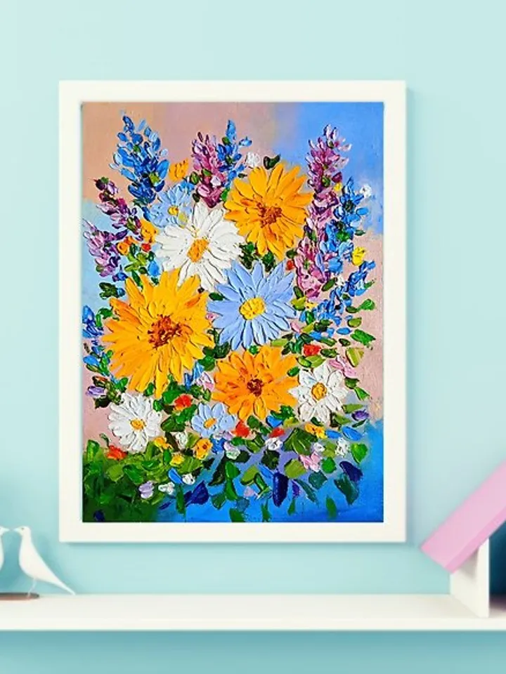 Oil Painting Bright Flowers Chamomile Sunflowers Impasto Art Miniature 18x24 cm