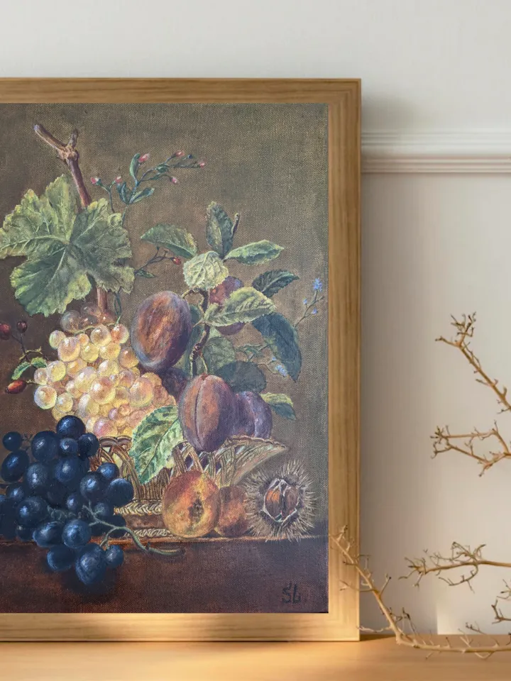Still Life Oil Painting Grapes Chestnut Plums Reproduction Original Art 16x12 inches