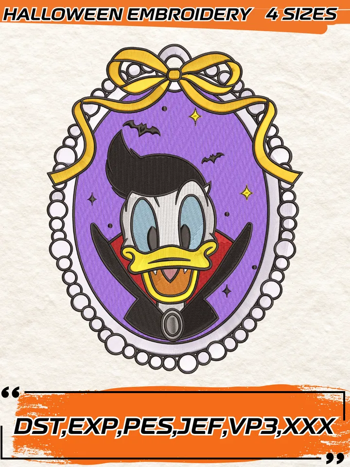 Disney Donald Duck Vampire Embroidery Design,Halloween Mirror Bow Embroidery Design,4 Sizes, Digital Download