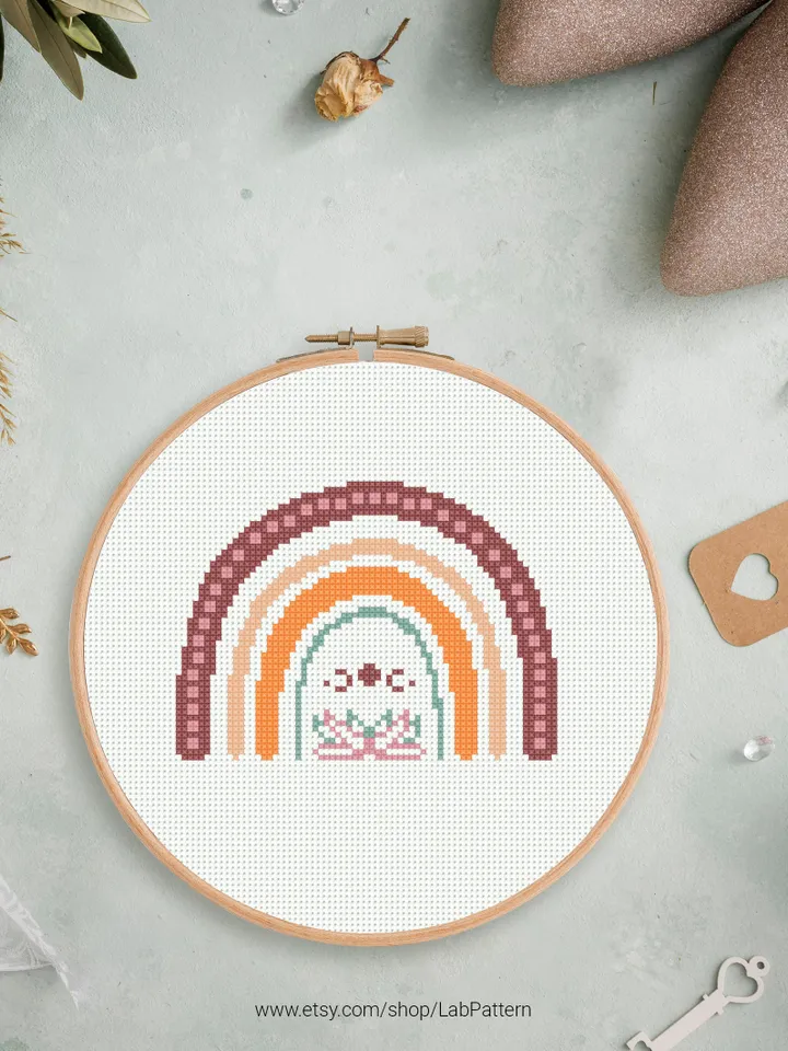 Bundle of 4 Rainbow boho style cross stitch pattern, Floral, nature, home decor, counted, chart, gift DIY, embroidery, beginner, instant PDF