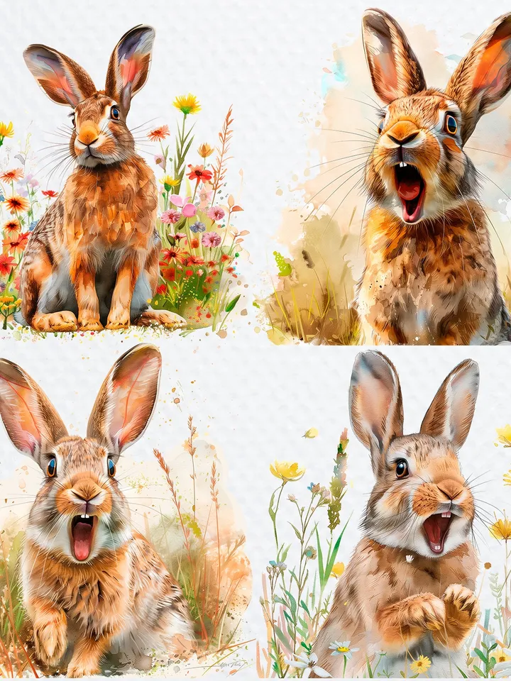 12 Surprised Rabbit PNGs Clipart, Amazed Hare png for sublimation, Printable Watercolor clipart, , Paper Rabbit crafts, junk journals
