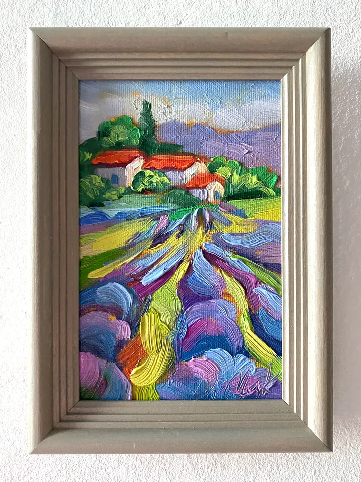 Lavender Fields Painting Tuscany Original Art Landscape Oil Painting Impasto Small Artwork 4x6 Tuscan Serenity Painting Wild Flowers