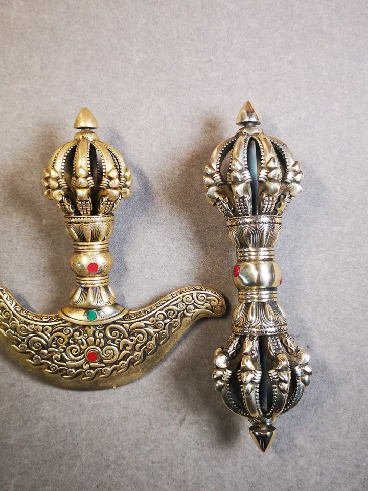 Gandhanra Antique Tibetan Trantic Practitioner Ritual Implements,Nine Pronged Vajra & Kartika(knife of the dakinis), Made of Brass