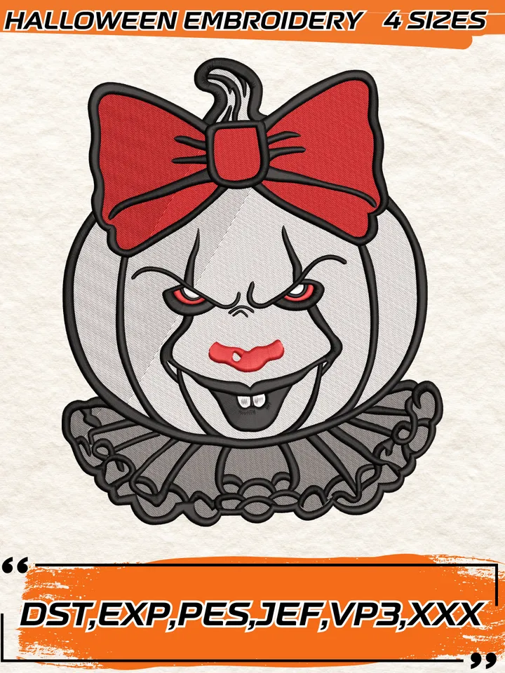 Pennywise Head Pumpkin Bow Embroidery Design,Halloween Embroidery Design,4 Sizes, Digital Download