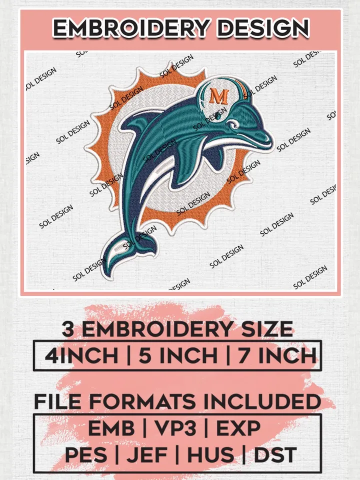 Miami Dolphins Embroidery Design Files, NFL Dolphins, NFL Logo Embroidery Files, NFL Miami Dolphins Machine Embroidery Design, Digital Download