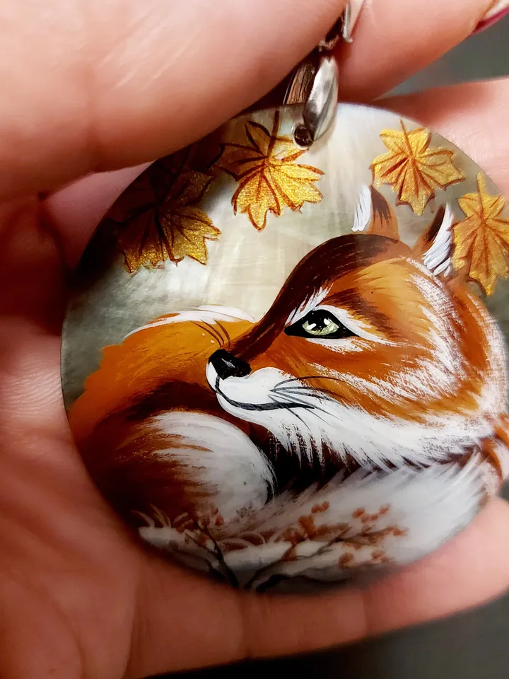 Beautiful Pendant Mother-of-pearl"Fox". miniature Hand-painte. Russian jewelry. Art gift.Wildlife gift. Fox lover gift. Forest jewelry.