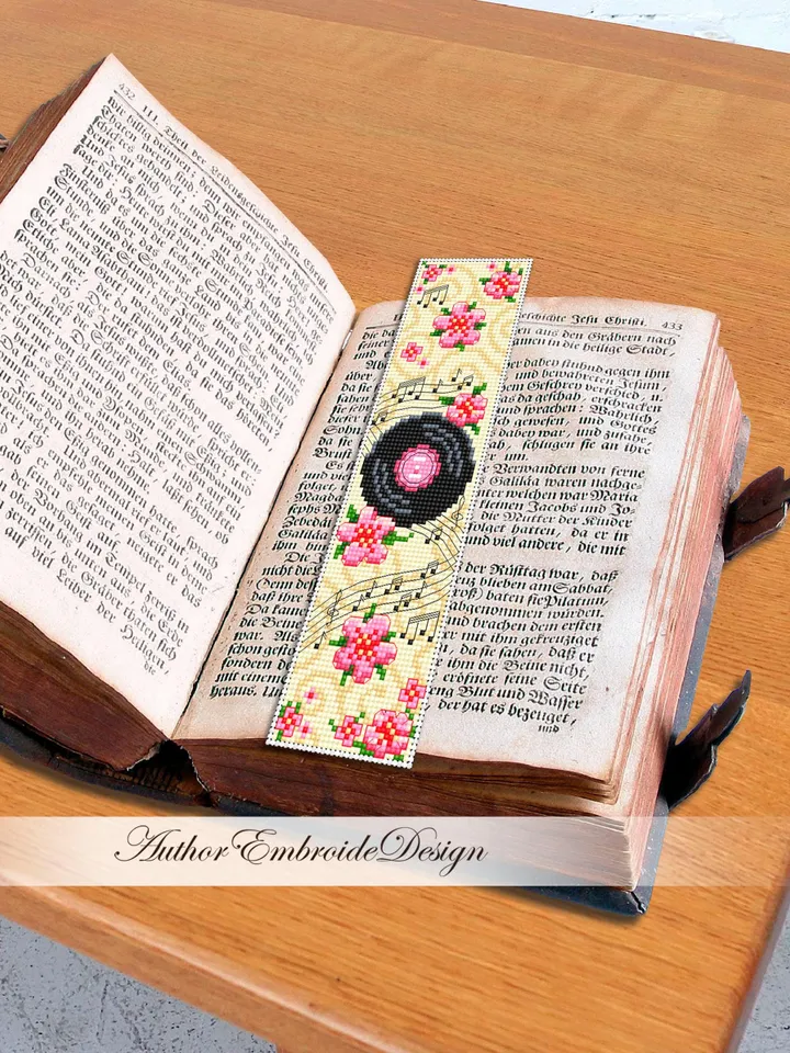 Music bookmark cross stitch pattern PDF download Retro vinyl record cross stitch chart, Flower bookmark pattern digital, Music notes #B409