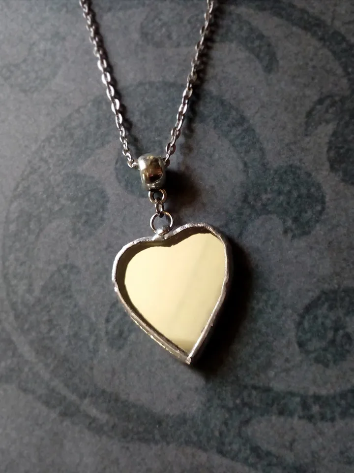 Mirror heart necklace, valentines, Stained glass, tiffany, Valentine's day, Tin soldered mirror, st Valentine heart