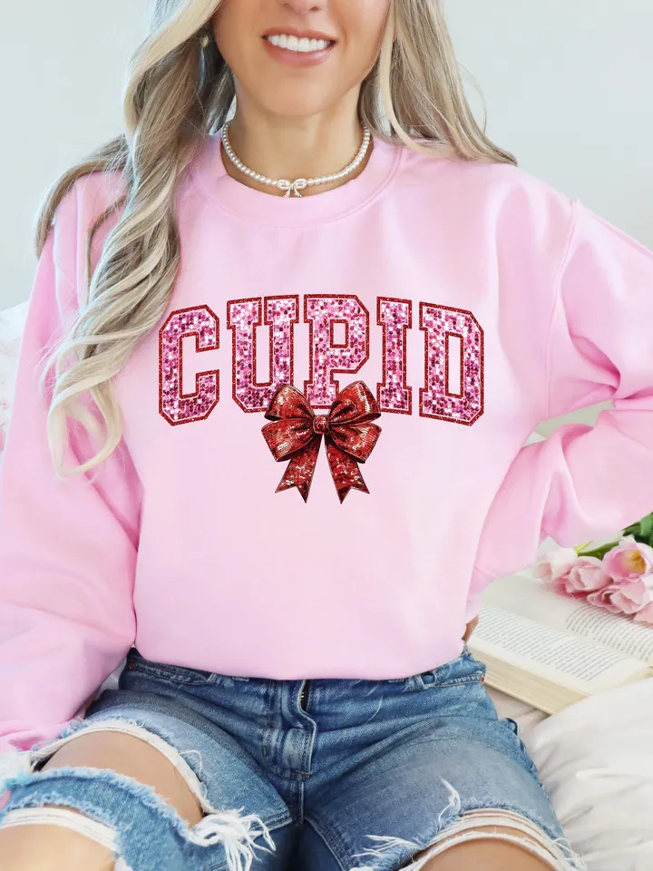 Valentines Coquette Bow,Faux Sequin Cupid Vibes Valentines Sublimation Design, Valentine’s Day Digital Design, Cupid PNG, trendy pink vday