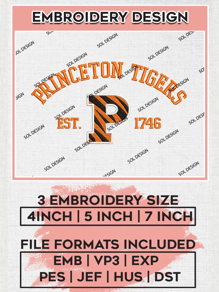 Princeton Tigers Est 1746 Embroidery Designs, NCAA Princeton Tigers Team Embroidery, NCAA Team Logo, 3 sizes, Machine embroidery Files, Digital Download