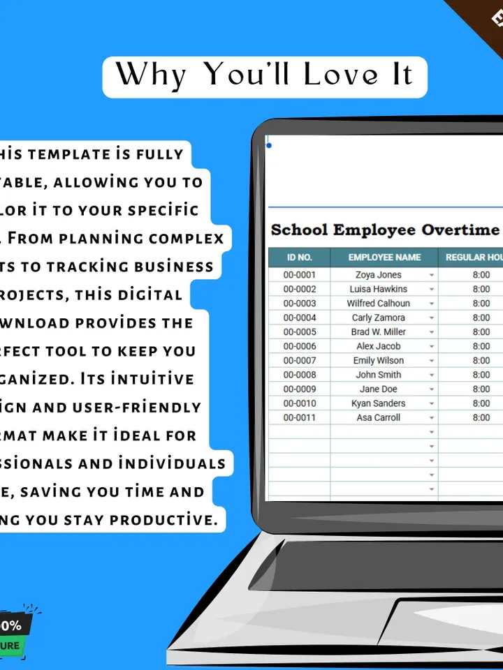 School Employee Overtime Tracker Template, Teacher Timesheet, HR Payroll Management Tool for Schools