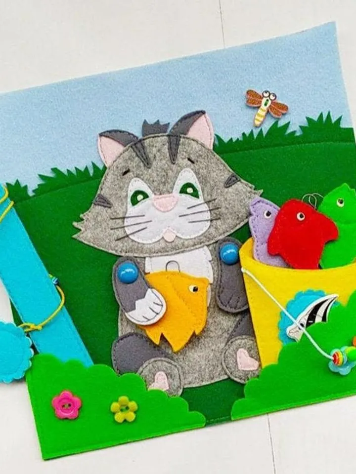 Cat and Fish quiet book PDF pattern & tutorials, Felt activity book for kids, Fishing quiet book template, Felt book ideas for toddler