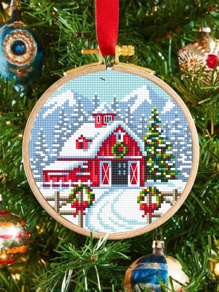 Christmas farm barn cross stitch pattern PDF download Winter mountain landscape cross stitch, Christmas pattern digital PDF, Red house #N171