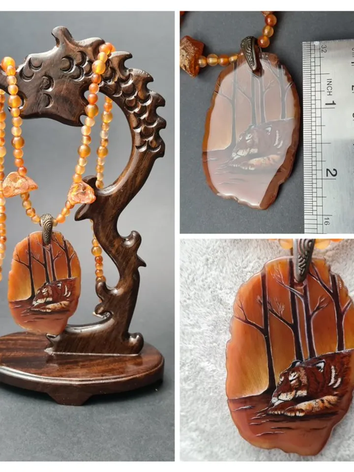 Tiger necklace Agate necklace Real oil painting of tiger Lacquer miniature