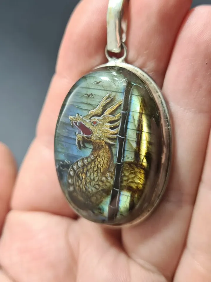 Gold dragon pendant Laquer miniature labradorite pendant Christmas Gift Wrapping