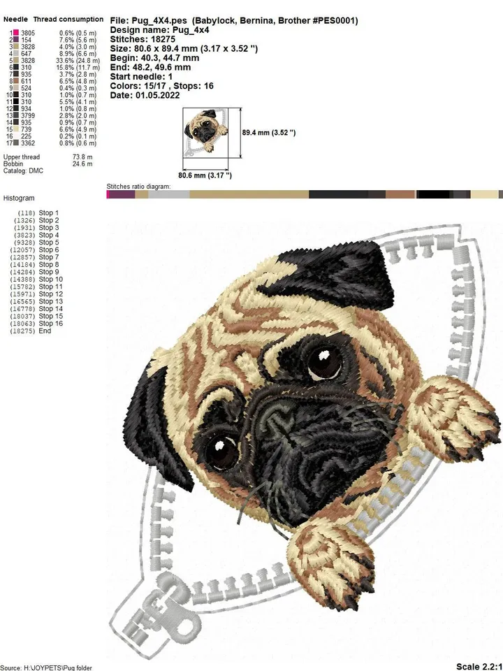 Pug in a zipper pocket Miniature realistic machine embroidery design Pet dog realistic pattern puppy embroidery motif