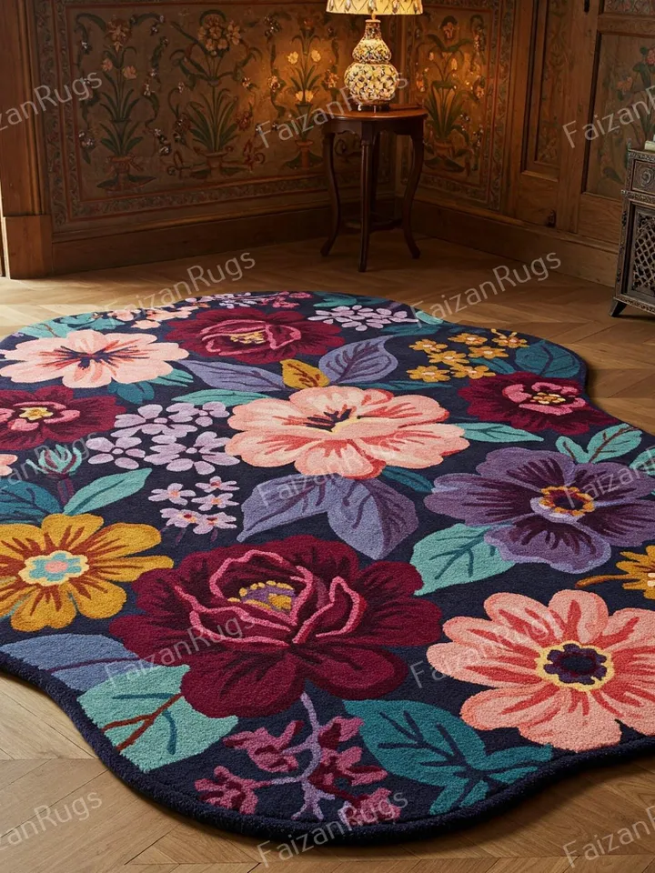 Irregular shape rug, Floral rug, 3x5,4x6,5x7,6x9,8x10,9x12,10x14, Handmade, area rug, custom rug, kids rug, home décor, kids rug. gift rug