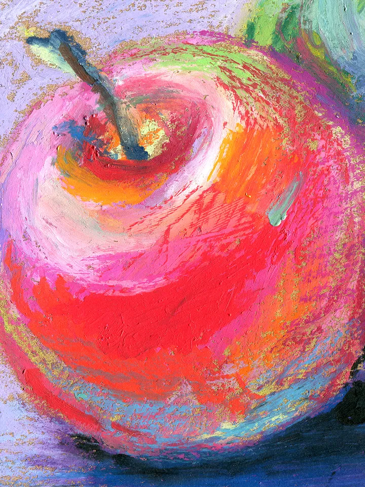 Still life three bright apples, Original oil pastel drawing on A4 craft paper.