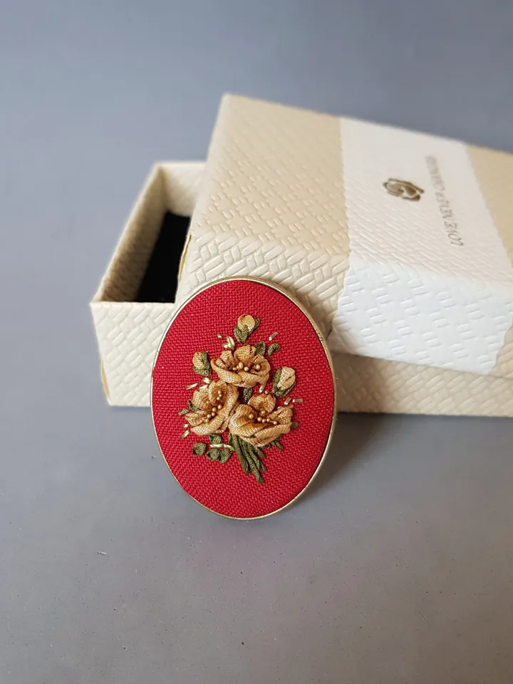Ribbon embroidered red brooch for her, embroidered jewerly
