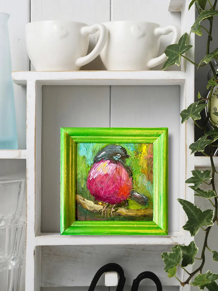 Pink robin painting, original bird oil painting, framed art