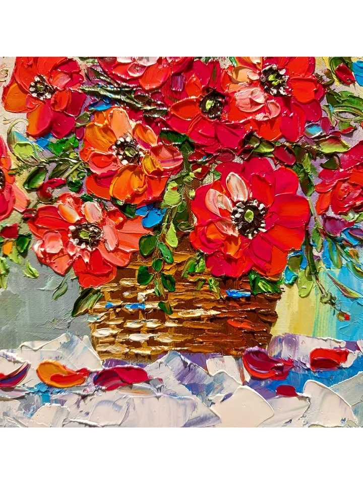 Original Oil Painting Poppies Bright Bouquet of Flowers 8" by 8" (20х20sm ) by OilPaintingNatali