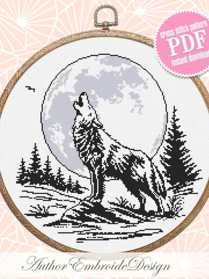 Wolf moon cross stitch pattern PDF download Howling wolf cross stitch chart, Nature pattern digital PDF, Full moon embroidery beginner #L85